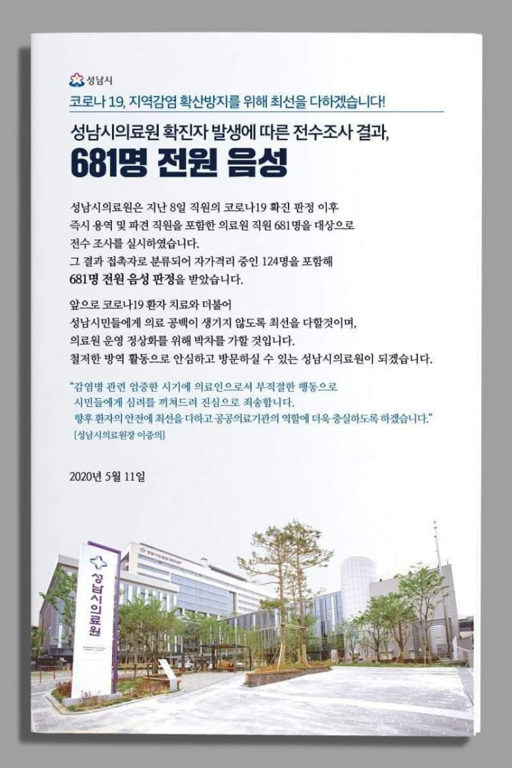간호사 '확진' 성남의료원 681명 전원 '음성'…이중의 원장 "심려끼쳐 죄송"