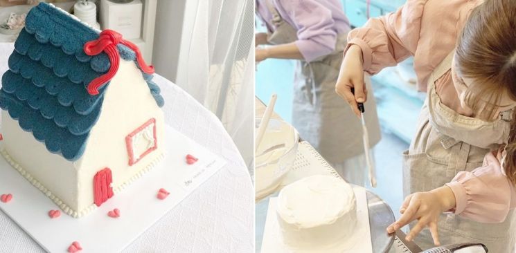 (좌) 러브하우스 모양의 디자인 케이크. (우) 베이킹 클래스 모습. 사진=자전거소녀의 작업실
