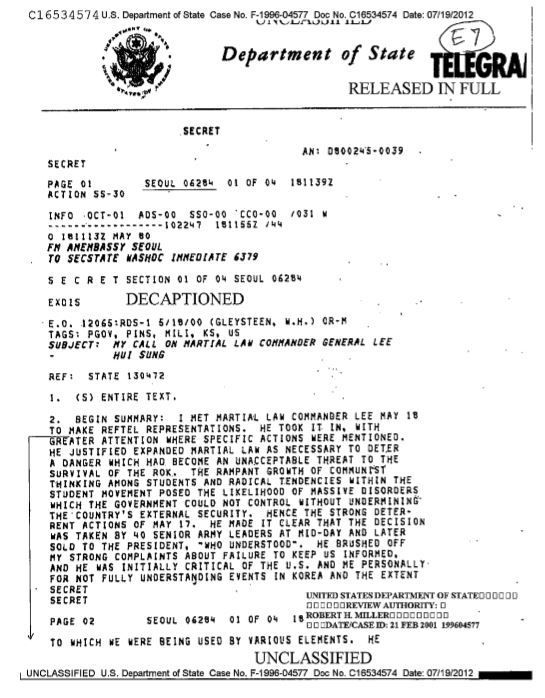 미국측 전달한 5·18 광주 민주화운동 관련 추가 외교 기밀문서(자료=외교부)