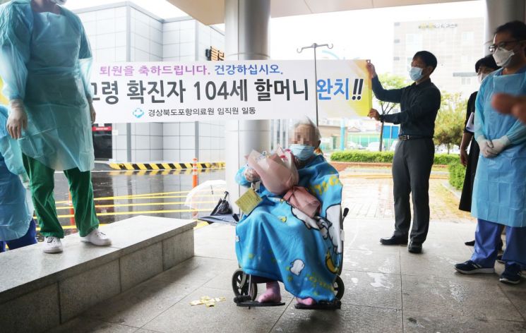 5월15일 경북도립 포항의료원에서 코로나19 확진자 가운데 최고령인 104세 최모 할머니가 퇴원하고 있는 모습.