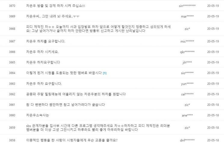 차은우와 재현이 이태원 방문 후 코로나19 검사를 받은 직후에도 공식 활동에 나선 것으로 확인되면서 이들이 출연 중인 프로그램 게시판에는 하차를 요구하는 게시글이 게재됐다./사진=SBS '집사부일체' 시청자게시판