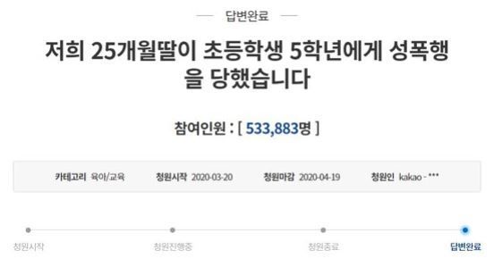 지난 3월20일 청와대 국민청원 게시판에는 자신의 25개월 된 딸을 성폭행한 초등학생을 처벌해 달라는 글이 올라왔다. / 사진=청와대 국민청원 홈페이지 캡처