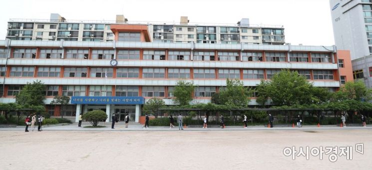 신종 코로나바이러스 감염증(코로나19) 사태로 미뤄진 등교수업이 재개된 20일 서울의 한 고등학교에서 3학년 학생들이 등교를 하고 있다. /문호남 기자 munonam@