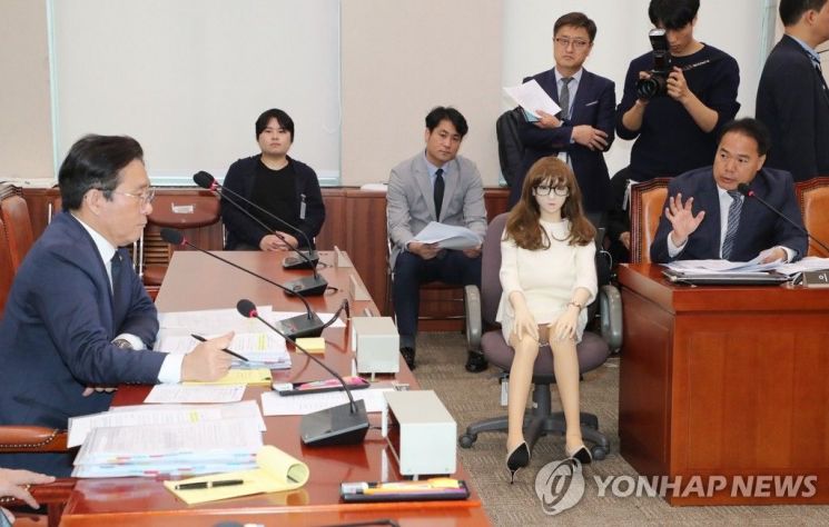 지난해 10월18일 오전 국회에서 열린 산업통상자원중소벤처기업위원회 산업통상자원부 등 종합국정감사에서 이용주 당시 무소속 의원(오른쪽)이 성인용품인 리얼돌을 보여주며 질의를 하고 있다. / 사진=연합뉴스