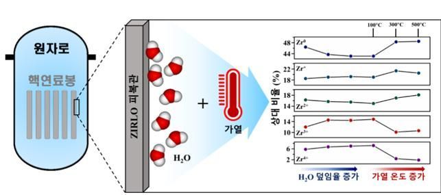 물을 흡착하고 있는 ZIRLO 피복관의 지르코늄 성분비가 온도 변화에 따라 변화함을 보여주는 그래프