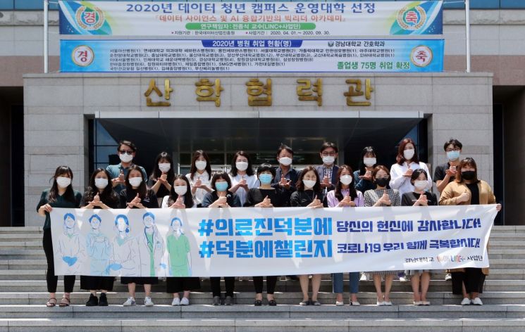 경남대 LINC+사업단이 '덕분에 챌린지' 캠페인에 동참하고 기념촬영 하고 있다.(사진=경남대)