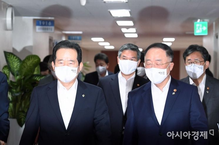 [포토] 국무회의 향하는 정세균-홍남기