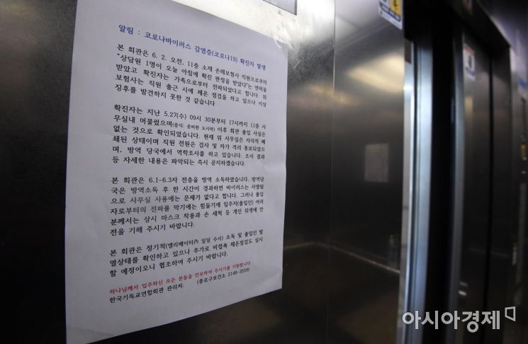 [포토] 엘리베이터에 게시된 확진자 발생 안내문