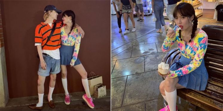 뉴트로 감성 충만한 현아의 타이다이 패션. 사진=현아 인스타그램