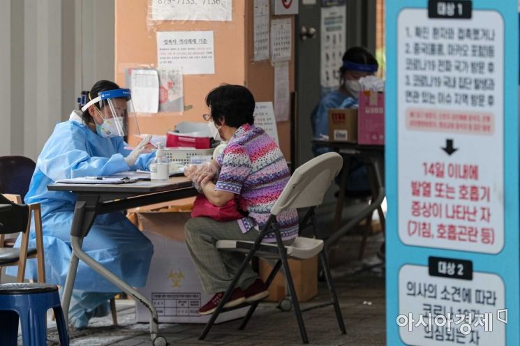 다단계 노인 건강용품 판매업체인 리치웨이 관련 n차 감염이 이어지고 있는 8일 서울 관악구보건소에 마련된 선별진료소에서 시민들이 검사를 받기 위해 대기하고 있다./강진형 기자aymsdream@