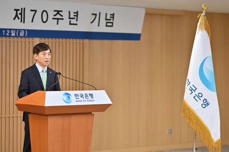 이주열 한국은행 총재가 12일 서울 중구 한국은행에서 한국은행 창립 제70주년 기념사를 낭독하고 있다.