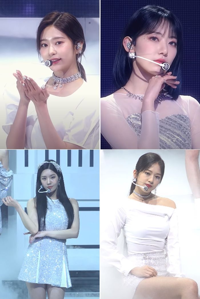 민주, 사쿠라, 은비, 유진의 글리터 메이크업. 사진=아이즈원 '웰컴+환상동화' 퍼포먼스 필름 화면, 엠넷 '아이즈원 컴백쇼 : Oneiric Diary' 권은비, 안유진 MPD직캠 화면