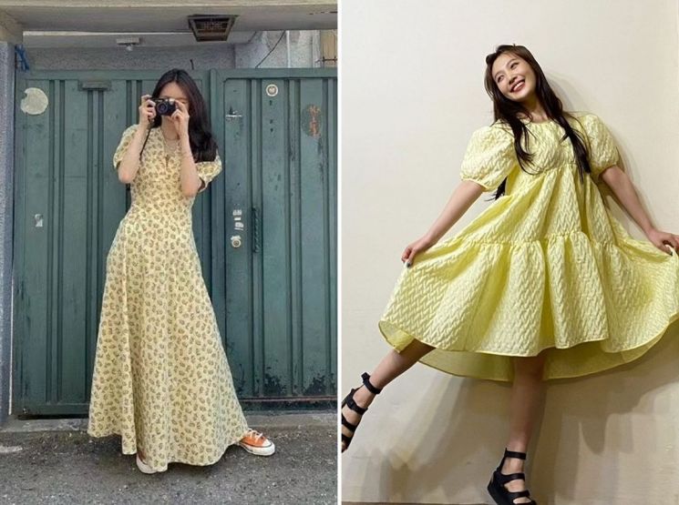 다비치 강민경과 레드벨벳 조이의 퍼프 원피스. 사진=강민경, 조이 인스타그램