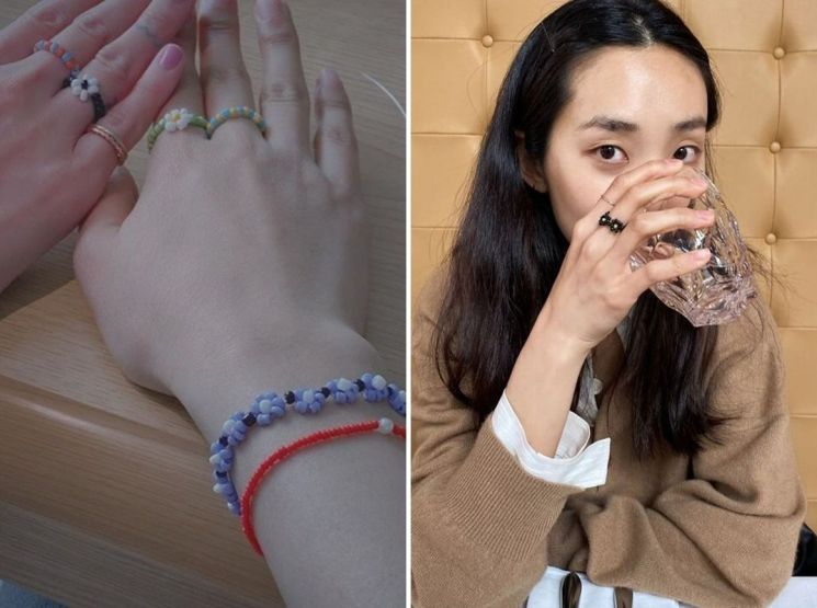 아기자기한 비즈 반지 스타일링. 사진=설현, 곽지영 인스타그램