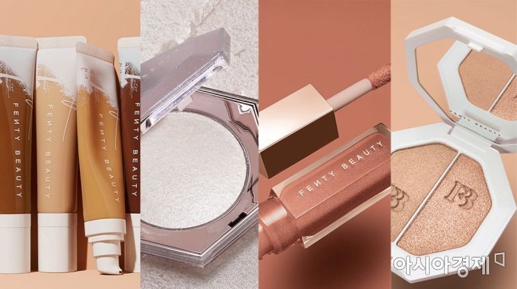 Fenty Beauty Bestsellers. (From left) Pro Filt'r Hydrating Longwear Foundation, Diamond Bomb All-Over, Gloss Bomb Universal Lip Luminizer, Killawatt Freestyle Highlighter.