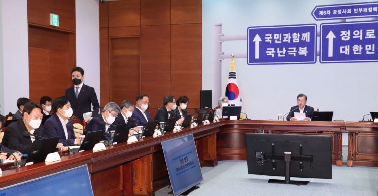 추미애 법무부 장관(왼쪽 일곱번째)과 윤석열 검찰총장(왼쪽)이 22일 오후 청와대에서 열린 제6차 공정사회 반부패정책협의회에서 문재인 대통령 발언을 듣고 있다. [이미지출처=연합뉴스]