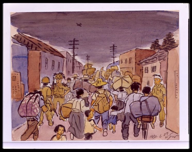 김성환 '6.25스케치 1950년 6월 27일 돈암교부근', 1950, 종이에 연필, 채색, 19.3×25cm, 국립현대미술관 소장.   [사진- 국립현대미술관 제공]