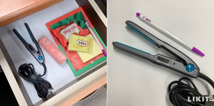 에디터의 서랍에서 꺼낸 미니 고데기! 모나미 볼펜과 길이가 비슷해요. 작지만 훌륭한 능력을 지닌 친구랍니다.