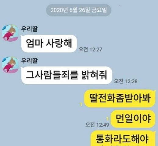 가혹 행위에 시달리다 극단적 선택을 한 트라이애슬론 국가대표 출신 故 최숙현 선수가 어머니와 나눈 마지막 메시지.사진=이용 미래통합당 의원실 제공