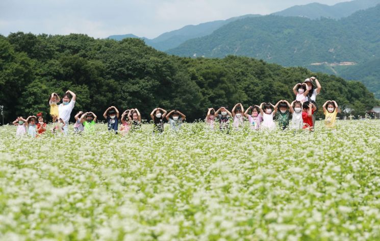 함양 상림공원 나들이 나온 어린이집 원생들이 즐거운 시간을 보내고 있다.(사진=함양군)