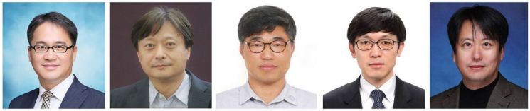 2020년 삼성미래기술육성사업 지정테마 연구지원 과제에 선정된 교수진들.
  사진 왼쪽부터 김종필 동국대 교수, 이준구 KAIST 교수, 정진욱 한양대 교수, 조승우 연세대 교수, 최리노 인하대 교수