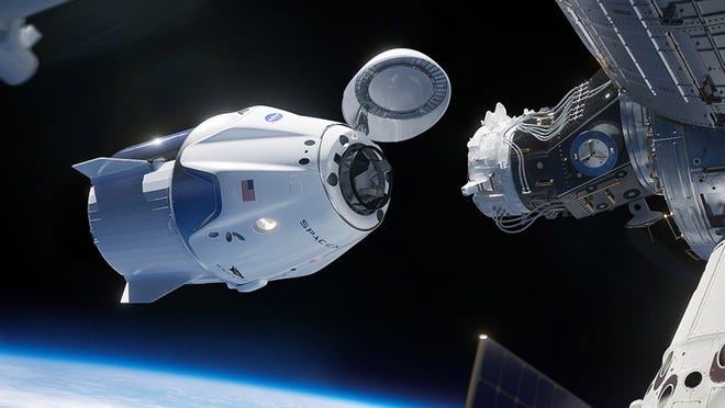 스페이스X 유인 우주선이 ISS에 도킹하는 모습을 묘사한 아티스트의 합성 이미지. / 사진=스페이스X
