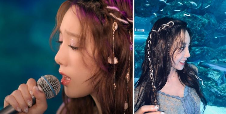 태연의 하트 네일. 사진=SM STATION 'Happy' 라이브 비디오 화면, 태연 인스타그램