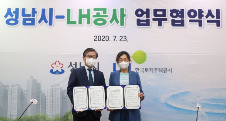 23일 경기 성남시청에서 열린 '성남수질복원센터 부지의 공공개발 추진방안 마련을 위한 기본협약’에 참석한 변창흠 LH 사장(사진 왼쪽)과 은수미 성남시장(사진 오른쪽)이 협약을 마치고 기념촬영을 하고 있다. (제공=LH)