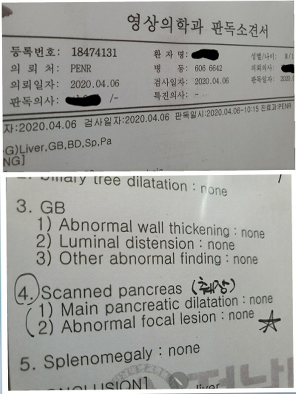 담당의사는 췌장, 담낭벽, 비장종대 등 모든 기관이 이상소견 없다는 소견서를 발급했다. 사진=피해 가족 제공