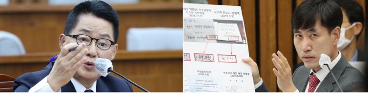 27일 서울 여의도 국회에서 열린 박지원 국가정보원장 후보자 인사청문회에서 박 후보자가 미래통합당 하태경 의원의 경제협력에 관한 합의서에 담긴 서명과 이전에 남겨진 서명을 비교한 자료에 대해 입장을 밝히고 있다. [이미지출처=연합뉴스]