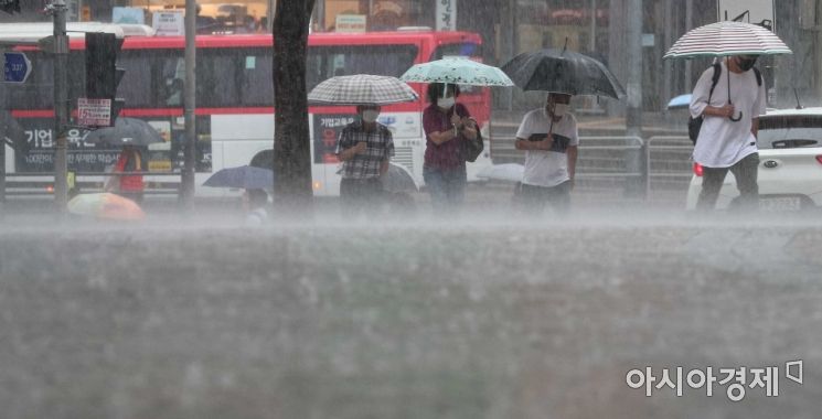 중부지방에 많은 비가 집중되고있는 29일 서울 중구 삼일대로에서 시민들이 우산을 쓰고 이동하고 있다./강진형 기자aymsdream@