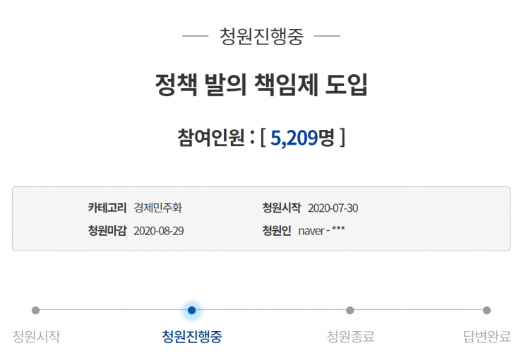 30일 청와대 국민청원 게시판에 게시된 '정책 발의 책임제 도입'이라는 제목의 청원 글/사진=청와대 국민청원 게시판 캡처
