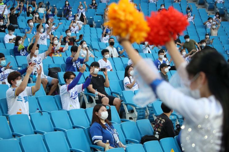 7월29일 오후 대구 삼성라이온즈파크에서 프로야구 '2020 신한은행 SOL KBO리그' 한화 이글스와 삼성 라이온즈의 경기에서 관중들이 마스크를 쓰고 거리를 두고 앉아 소리없이 몸동작으로만 응원을 하고 있다. [이미지출처=연합뉴스]
