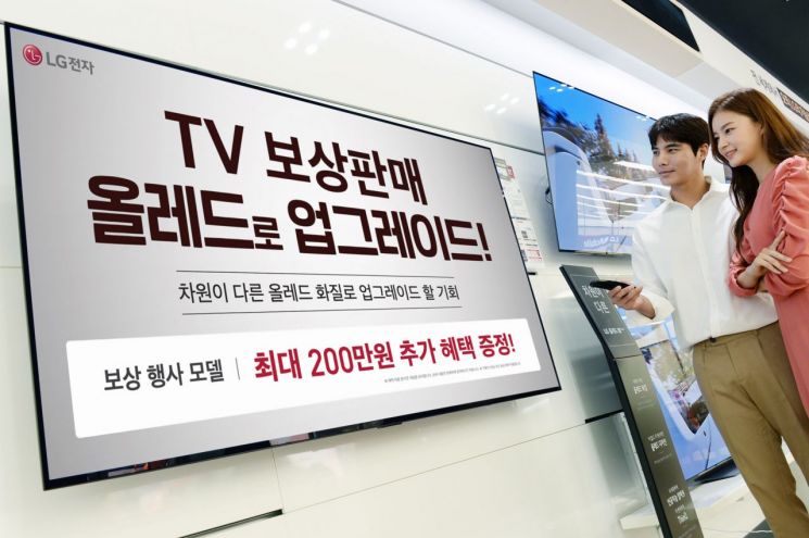 LG전자 모델이 최대 200만원 상당의 혜택을 받을 수 있는 LG 올레드 TV 보상판매 이벤트를 소개하고 있다.
