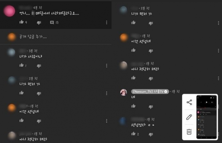 유튜버 나름이 올린 사과영상에 달린 댓글들/사진=온라인 커뮤티니 캡처