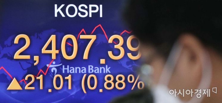 코스피 지수가 2년 2개월 만에 2400선을 돌파한 11일 서울 을지로 하나은행 딜링룸에서 딜러들이 업무를 보고 있다. /문호남 기자 munonam@