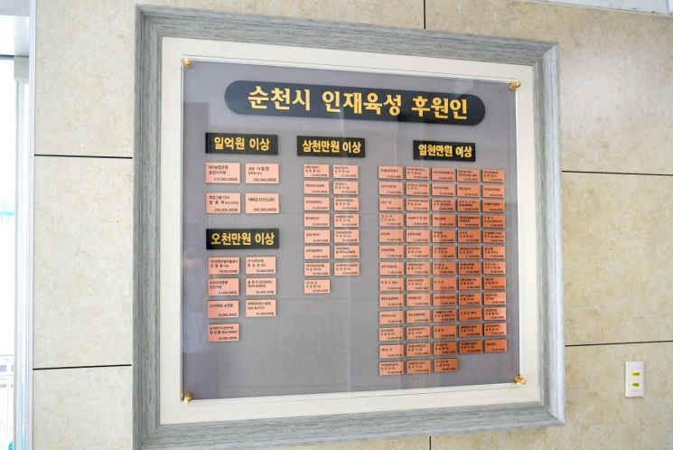 순천시청 복도에 게첨된 장학금 후원인 명판