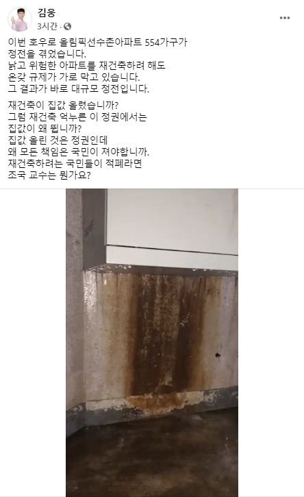 김웅 미래통합당 의원은 11일 자신의 페이스북에 쓴 글에서 '낡고 위험한 아파트도 규제로 인해 재건축이 가로 막혔다'는 취지로 주장했다. / 사진=김웅 페이스북 캡처