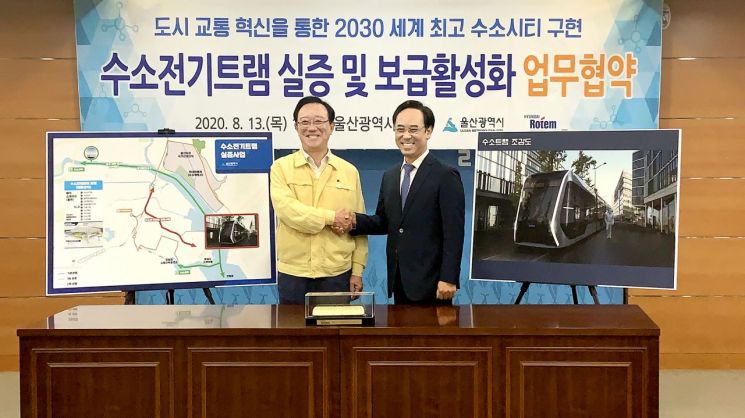 현대로템이 울산시와 이달 13일 수소전기트램 실증사업을 위한 양해각서(MOU)를 체결했다고 14일 밝혔다.

송철호 울산시장(왼쪽)과 이용배 현대로템 사장이 MOU 체결후 기념 사진을 촬영하고 있다.