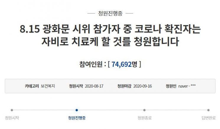 17일 청와대 국민청원 게시판에는 '8·15 광화문 시위 참가자 중 코로나 확진자는 자비로 치료케 할 것을 청원합니다'라는 제목의 청원이 올라왔다. 사진=청와대 국민청원 게시판 캡처.