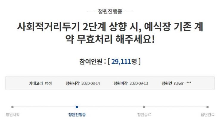 지난 14일 청와대 국민청원 게시판에는 사회적 거리두기 강화 조치에 따라 예식장 계약 규정을 변경해달라는 청원글이 올라왔다.사진=청와대 국민청원 게시글 캡처
