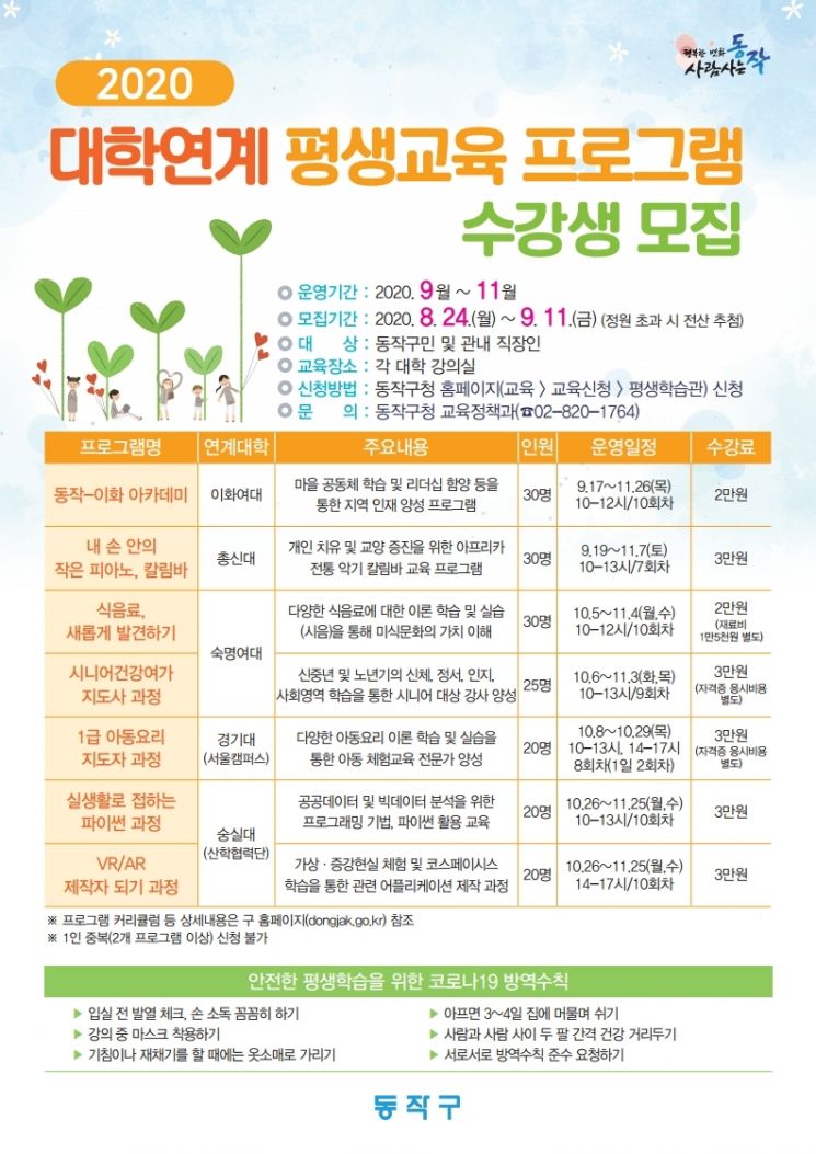 동작구, 2020. 대학연계 평생교육 수강생 모집