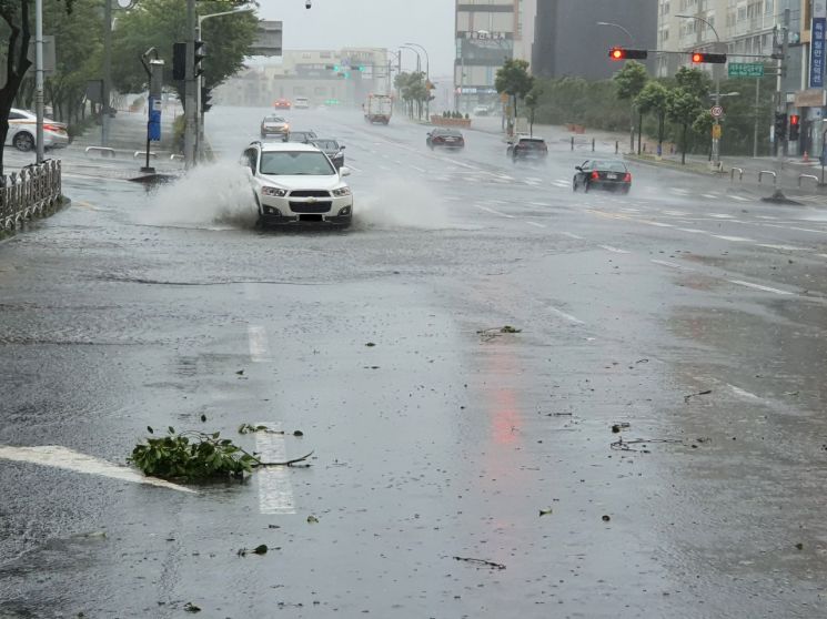 태풍 '바비' 영향으로 한 차량이 제주우체국사거리 인근 침수된 도로를 주행하고 있다.