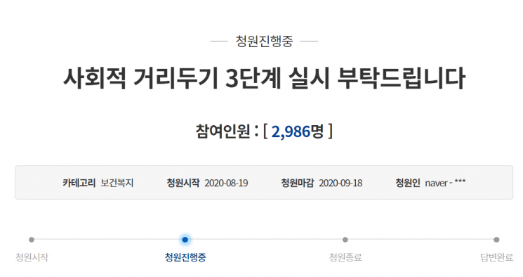 지난 19일 청와대 국민청원에는 '사회적 거리두기 3단계 실시 부탁드립니다'는 제목의 청원이 올라왔다. 사진=청와대 국민청원 홈페이지 캡처.