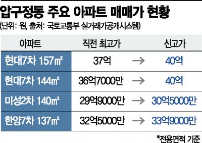 그들만의 '똘똘한 한채'…압구정 대형 아파트 신고가 속출
