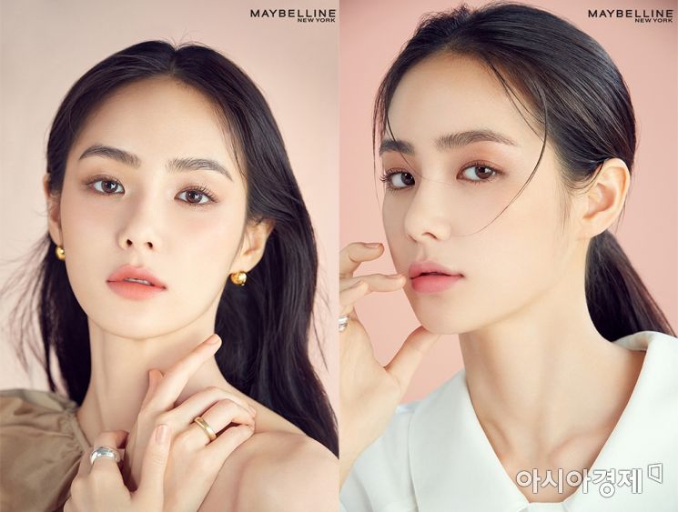 ▲ 모델 홍수주 X 메이블린 뉴욕 포스트카드 팔레트 화보 (좌) 클래식 브릭 누드 룩, (우) 소프트 브릭 핑크 룩