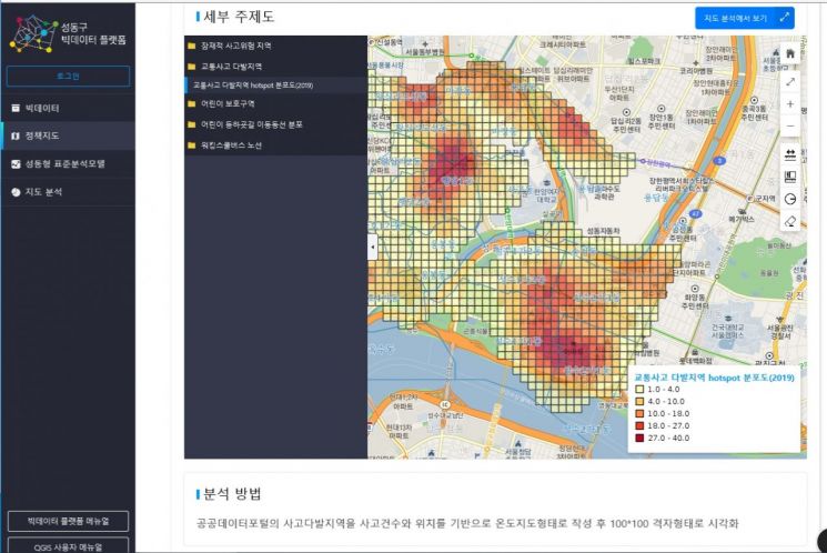 성동구 빅데이터 플랫폼 정책지도 세부화면