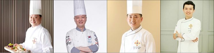 좌측부터 대한민국명장 시그니엘 서울 남대현 총주방장, 우수숙련기술자 롯데호텔 서울 나성주 제과기능장, 롯데호텔 서울 김세한 조리기능장, 시그니엘 서울 심동욱 조리기능장. (사진=롯데호텔 제공)