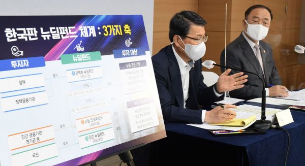 홍남기 경제부총리 겸 기획재정부 장관(오른쪽)과 은성수 금융위원장이 3일 정부서울청사 브리핑룸에서 '한국판 뉴딜 금융지원 방안'을 발표하고 있다. / 문호남 기자 munonam@