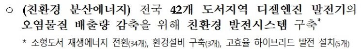한국판 뉴딜 종합계획에 포함된 '저탄소·분산형 에너지 확산 대책' 중 하나인 도서지역 스마트 그리드 구축 사업 관련 내용.(자료=기획재정부)